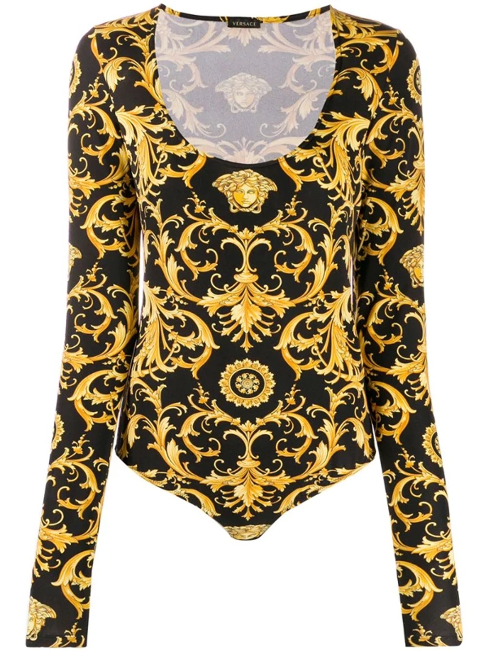 Versace Black and Gold Baroque Scoop-Neck Long Sleeve Bodysuit